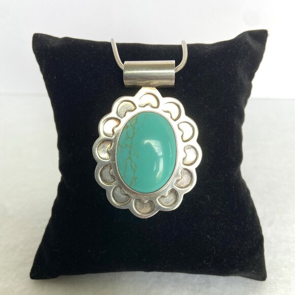 Sterling Silver 925 Mexico Large Oval Faux Turquoise Floral Pendant Necklace - Picture 11 of 16